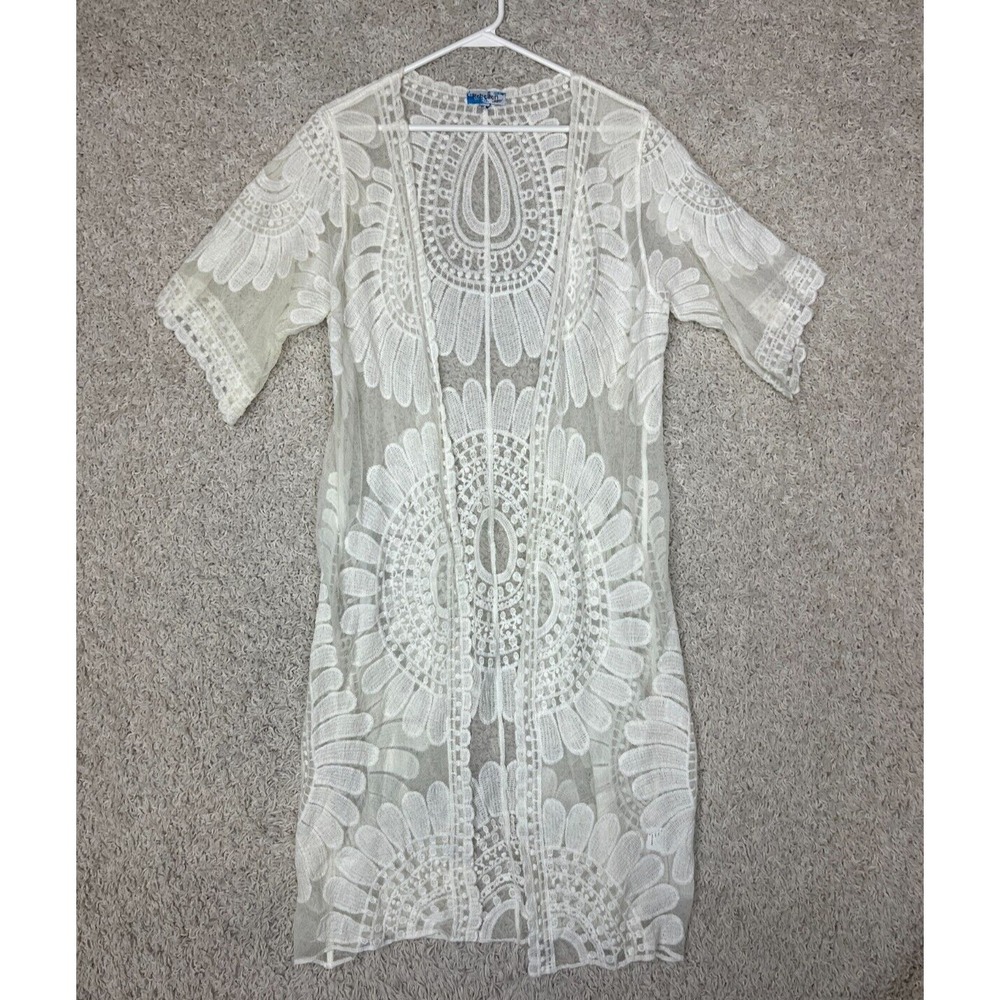 Rebellion Again Kimono Duster Womens Medium Ivory Lace Floral Boho Festival